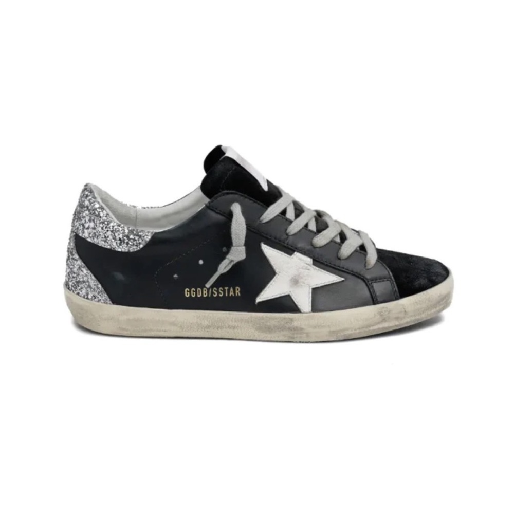 EUC GOLDEN GOOSE SNEAKERS SUPERSTAR BLACK SILVER GLITTER HEEL SIZE 38